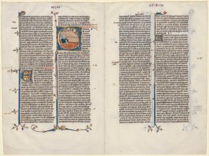 Bifolio di una Bibbia: Iniziale E[t factum est] con Ezechiele