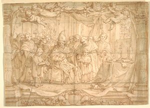 Vescovo con un gruppo di persone da Unknown artist