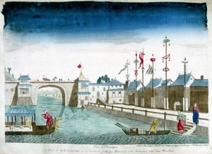 Ponte di Cochinchine e barche che si distinguono lasciando i padiglioni. Incisione della fine del XVIII secolo da Unknown artist