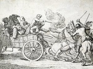 Briganti che attaccano passeggeri su un carro. Incisione di un anonimo del XVIII secolo. da Unknown artist