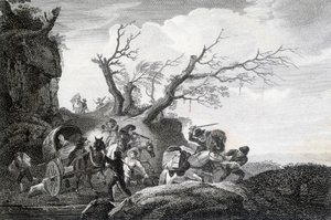 Briganti che attaccano viaggiatori su una strada di campagna. Incisione di un anonimo del 18° secolo da Unknown artist