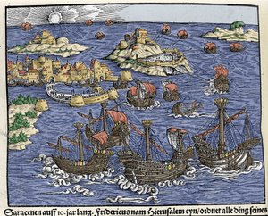 Cattura di Gerusalemme da parte degli eserciti saraceni nel febbraio 638. In "Den Edlen Strengen Besten Fromen" di Johann Stumpff