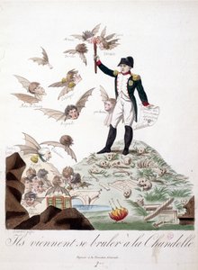 Cartone animato su Napoleone I raffigurato su una collina coperta di scheletri e che tiene una candela che brucia le ali dei personaggi (Merlin de Douai, Regnault...) rappresentati come pipistrelli - in Napoleon I, caricature, collezione fittizia. 1814 - 1 da Unknown artist
