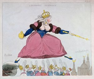 Caterina II salta dalla Russia a Costantinopoli sopra i sovrani europei, caricatura, fine XVIII secolo