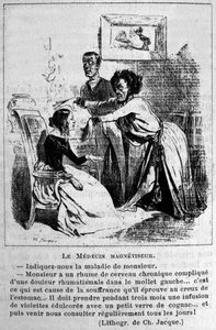 Ciarlataneria: satira sulla consultazione di magnetizzatori ipnotici per curare malattie. Da una litografia di Jacque. XIX secolo da Unknown artist