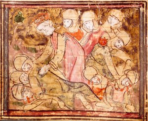 Carlo Magno (742-814) trova il corpo di suo nipote Rolando morto nella Battaglia di Roncisvalle Miniatura da "Grandi Cronache di Francia" 1375-1379 Biblioteca Municipale, Castres da Unknown artist