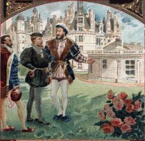 Carlo V ricevuto da Francesco I al Castello di Chambord. Cromolitografia della fine del XIX secolo da Unknown artist