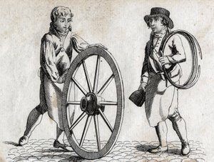Carraio con ruota di carro e apprendista. Incisione fine XVIII secolo. da Unknown artist