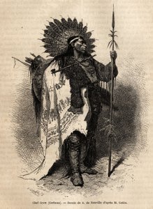 Capo Yellow Moccassin, della tribù indiana Crow, che vive lungo il fiume Lewis. Incisione per illustrare un