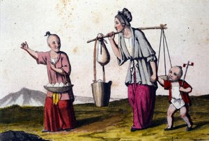 Cina. Una donna che porta acqua accompagnata da 2 bambini, uno dei quali porta un cesto di riso. Stampe del XIX secolo