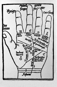 Chiromanzia e predizione divinatoria: rappresentazione delle diverse linee della mano che permettono l
