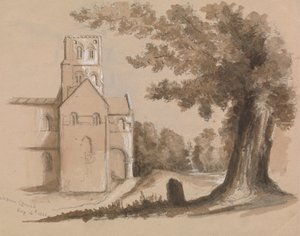 Chiesa con albero e lapide in primo piano da Unknown artist