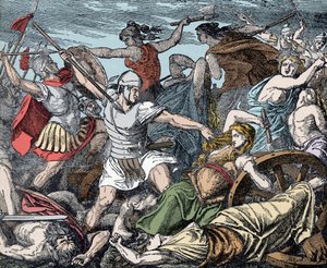 Donne cimbriche difendono il loro accampamento - Antichità romana, guerra dei Cimbri: il sacrificio delle donne cimbre contro i soldati romani da Unknown artist