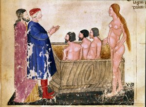 Cerchio degli adulatori: Dante e Virgilio incontrano Alessio Interminelli (o Intermineii), Signore di Lucca, e Taide la prostituta. Pagina illustrata che illustra il 18° canto dell