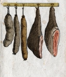 Salumi: ganci per carne fredda con carne di prosciutto e salsiccia sospesa. Incisione di fine XVIII secolo. Collezione privata