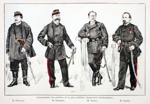 Comandanti dei guardiani della pace mobilitati (ispettori divisionali), da sinistra a destra: Sig. Foucault, Sig. Giobergia, Sig. Vassal, Sig. Archer. Acquaforte a colori, per illustrazione 