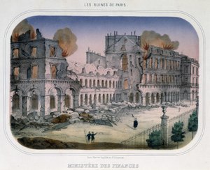 Comune di Parigi: Incendio al Ministero delle Finanze (al tempo delle Tuileries) il 24 maggio 1871. Incisione del XIX secolo