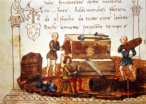 Costruzione di una bomba (mortaio) nel 15° secolo. Dal libro di matematica di Giuliano de