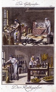 Il fonditore di rame e il dinandier nelle loro botteghe. In "Descrizione completa delle arti e dei mestieri e delle botteghe per i giovani" di Johan Peter Vire. Ed. Norimberga, Weigel e Schneider