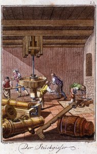I fonditori di cannoni nella loro bottega. In "Descrizione completa delle arti e dei mestieri e delle botteghe per i giovani" di Johan Peter Vue. Ed. Norimberga, Weigel e Schneider da Unknown artist