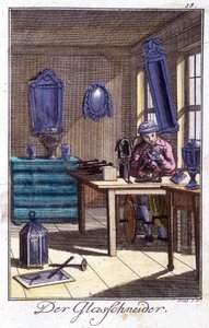 Artigianato: il cristalliere nella sua bottega. In "Descrizione completa delle arti e dei mestieri e delle botteghe per i giovani" di Johan Peter Vue. Ed. Norimberga, Weigel e Schneider da Unknown artist