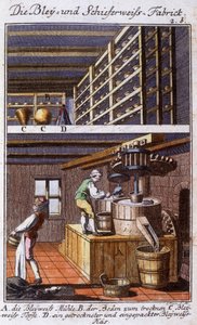 Il fabbricante di bianco di piombo nella sua bottega e le fasi del suo lavoro. In "Descrizione completa delle arti e dei mestieri e delle botteghe per i giovani" di Johan Peter Vue. Ed. Norimberga, Weigel e Schneider da Unknown artist