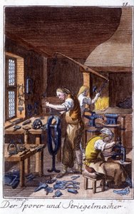 Artigianato: il fabbricante di speroni, il produttore di pennelli per restringimento nella loro bottega. In "Descrizione completa delle arti e dei mestieri e delle botteghe per i giovani" di Johan Peter Vire. Ed. Norimberga, Weigel e Schneider