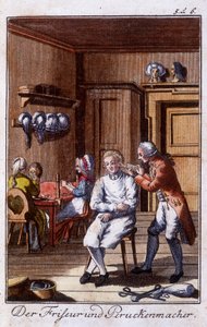 Mestieri: parrucchiere e parruccaio nel loro laboratorio. In 