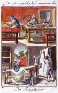 Artigianato: fabbricante di strumenti chirurgici (in alto) e rifinitore di guaine (in basso) nella loro bottega. In "Descrizione completa delle arti e dei mestieri e delle botteghe per i giovani" di Johan Peter Vue. Ed. Norimberga, Weigel e Schneider