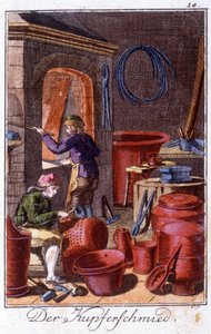Artigianato: il calderaio nella sua bottega. In "Descrizione completa delle arti e dei mestieri e delle botteghe per i giovani" di Johan Peter Vue. Ed. Norimberga, Weigel e Schneider