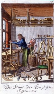 Mestieri: il fabbricante di sedie nella sua bottega. In "Descrizione completa delle arti e dei mestieri e delle botteghe per i giovani" di Johan Peter Vue. Ed. Norimberga, Weigel e Schneider
