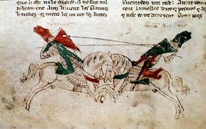 Ciclo di Re Artù: Battaglia di Lancillotto e Tristano. Miniatura tratta dal Romanzo di Meliadus de Leonnoys di Rustichello da Pisa