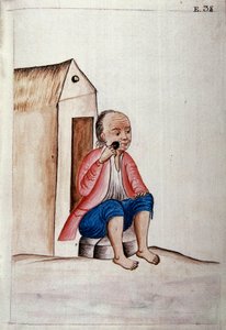 Vita quotidiana e costumi del Perù: "Indiano che si rade la barba sulla soglia di casa" Acquerello tratto dal libro "Trujillo del Peru" di Baltasar Martinez Companon y Bajanda, vescovo di Trujillo (1782-1785). XVIII secolo Madrid. Biblioteca del Palacio Re
