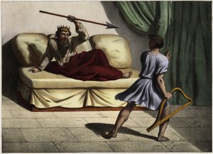 Davide che suona la cetra davanti al re Saul per calmarlo (incisione anonima del XIX secolo)