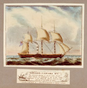 Diorama di Dawson No.4. La British Queen, una nave a vapore di prima classe, che quando viene sollevata alla luce cambia in Sua Maestà la Regina Vittoria vestita con i suoi abiti di stato, c.1838 da Unknown artist