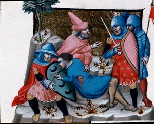 Denuncia di un crimine di sangue Miniatura tratta dal Codice di Giustiniano (Codex Justinianus), una raccolta di leggi e istituzioni pubblicata sotto l