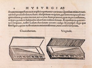 Descrizione di clavicembalo e spinetta. Pagina da Musurgia seu praxis musicae