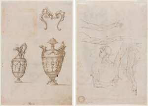Progetto per due vasi e un ornamento (recto); schizzi di cinque braccia e una testa (verso)