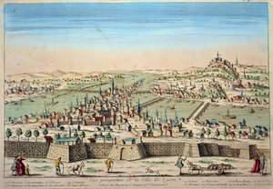 Veduta dettagliata della città di Lione sulle rive del Rodano e della Saona. Incisione del 17° secolo Parigi B.N. da Unknown artist