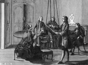 Esperimento di Dufay. Charles François Du Fay (Dufay?) (1698 - 1739), chimico e fisico francese dimostrò che le scintille elettriche possono essere estratte dal corpo umano. Incisione dall