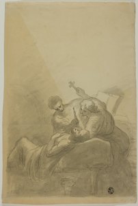 Uomo morente assistito da due figure che tengono candela, libro e croce da Unknown artist