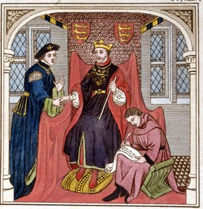 Edoardo III (1312 - 1377) riceve il conte Guy delle Fiandre. Incisione della fine del XVIII secolo. Biblioteca di Brera, Milano. da Unknown artist
