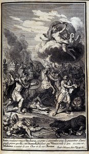 Enea, volendo vendicare Pandaro, è pronto a soccombere sotto il peso di una grande pietra che Diomede lancia. Mentre Venere vola in suo soccorso, Sthelenos afferra il suo carro e i cavalli. Illustrazione del libro V dell