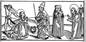 Episodio della vita di San Giacomo il Maggiore: il santo viene decapitato sotto gli occhi di Erode Agrippa, re di Giudea. Incisione da "Leben der Heiligen - sommerteil" (Il libro dei santi) di Jacobus (Giacomo) da Varagine (1228-1298). Lubecca 1488. da Unknown artist