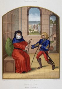 Esaù con le sue armi da caccia e suo padre Isacco. Cromolitografia del XIX secolo. da Unknown artist