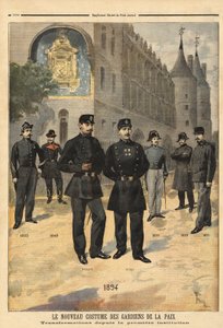 Evoluzione delle uniformi dei vigili urbani (o sergenti di città) dal 1860 al 1894, davanti alla torre dell