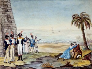 Esecuzione di un colono durante la rivolta a Santo Domingo (America Centrale, Antille) nel 1791. Incisione del 18° secolo