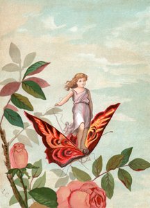 Fata che cavalca una farfalla tra le rose