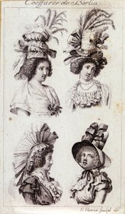 Moda del XVIII secolo: i cappelli delle donne di Berlino. Incisione del 1793 da Unknown artist