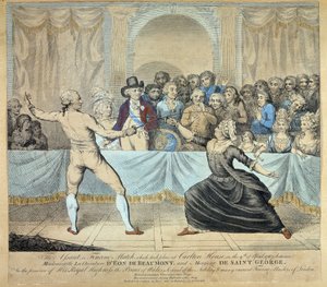Duello di scherma tra il cavaliere di Eon de Beaumont e Monsieur de Saint George, 9 aprile 1787. Incisione da Unknown artist
